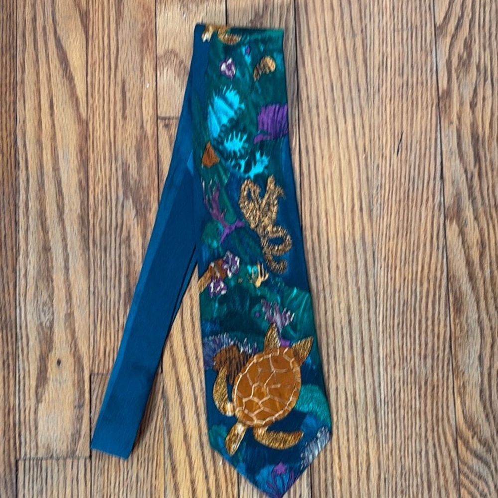Vintage WWF World Wildlife Fund Silk Tie Teal Sea Turtle Coral Reef Design 154